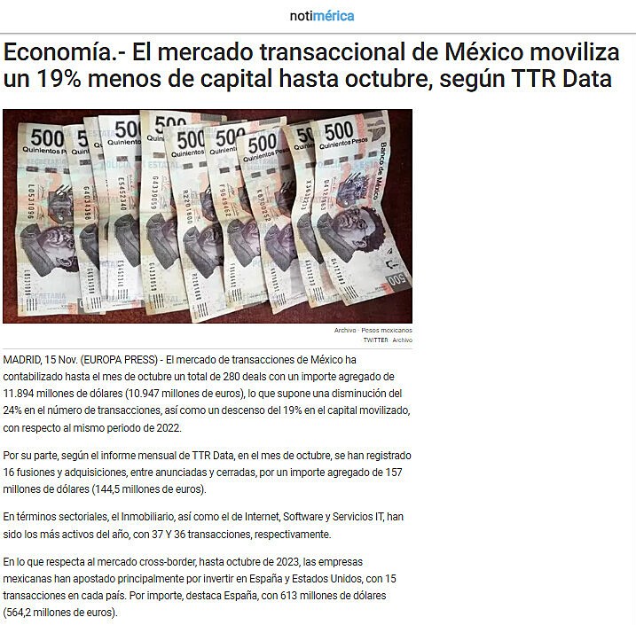 Economa.- El mercado transaccional de Mxico moviliza un 19% menos de capital hasta octubre, segn TTR Data
